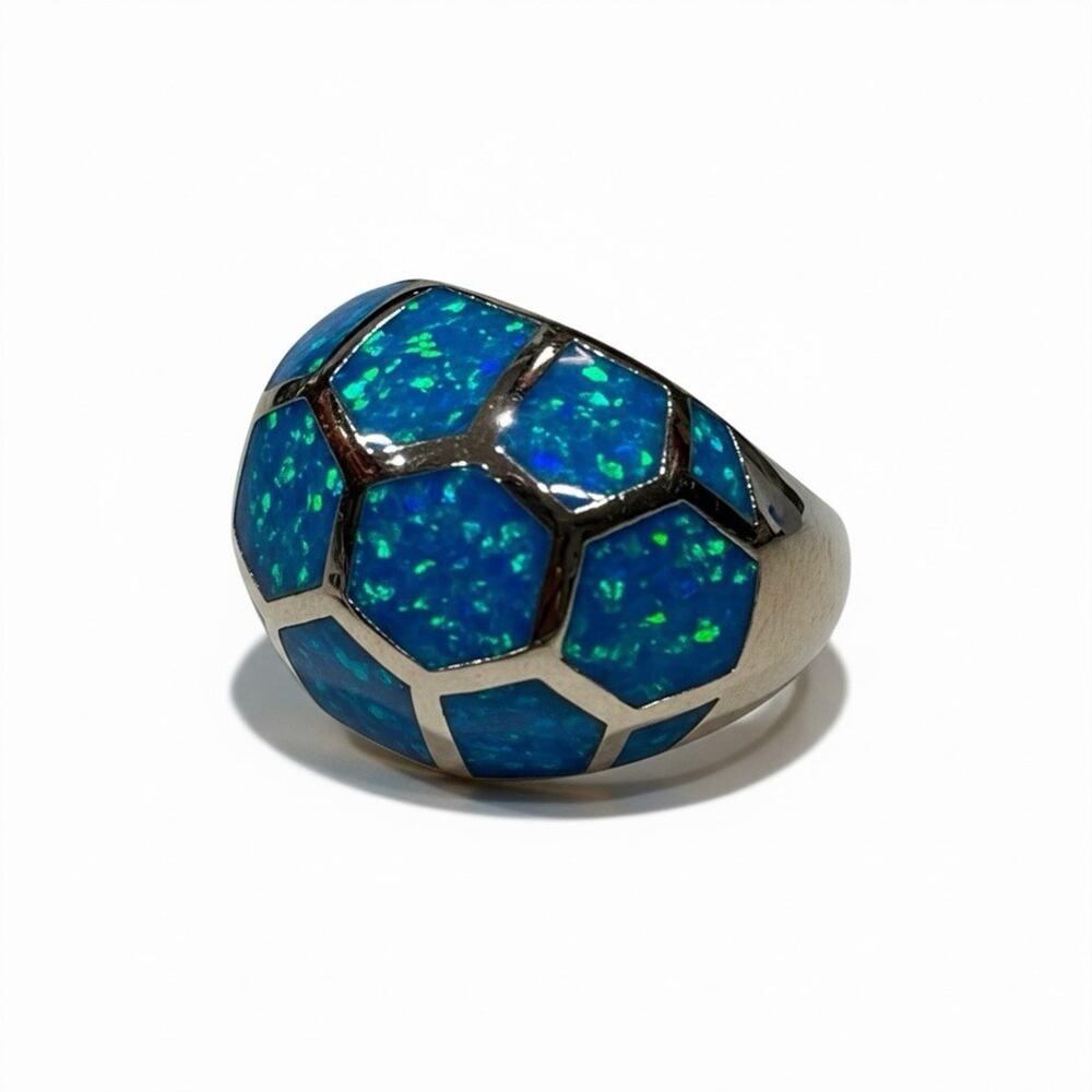 Sterling Silver Blue Lab Created Opal Inlay Dome Ring Geometric Mosaic Size 8